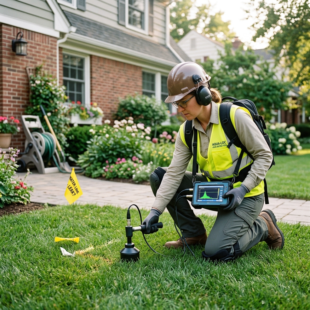 Acoustic and thermal water leak detection equipment locating hidden pipe leaks in Arcadia CA