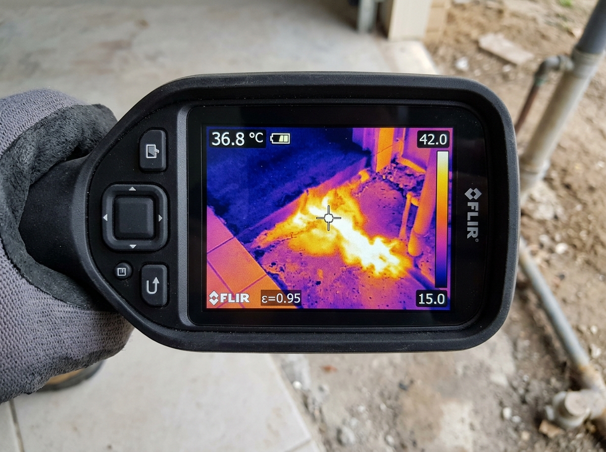 Thermal imaging scan revealing hot water slab leak signature beneath tile flooring in Arcadia residence