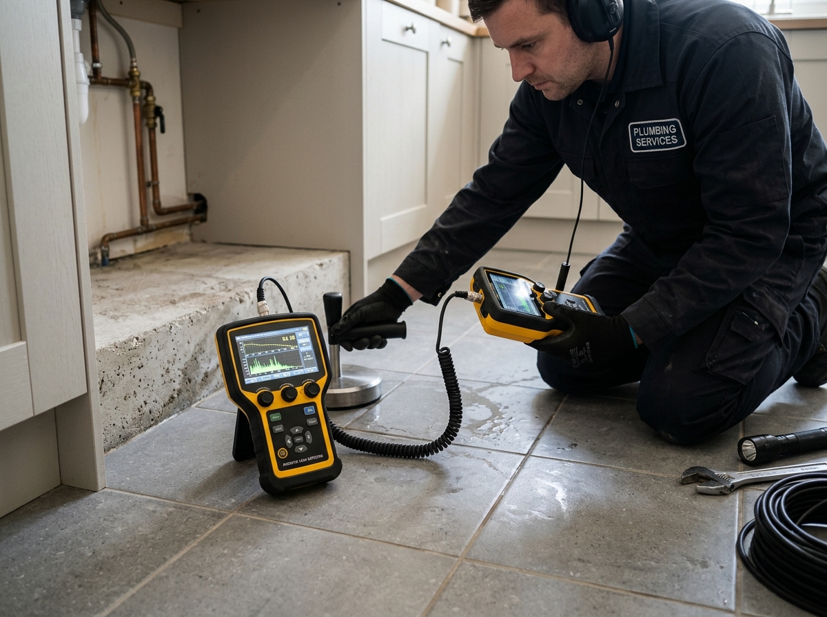 Acoustic sub-slab leak detection equipment inspecting concrete floor in Arcadia CA home