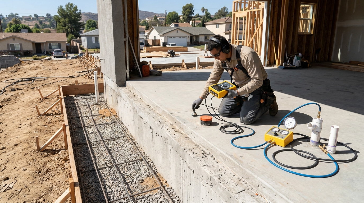 Plumbing technician conducting non-invasive sub-slab leak detection inspection in Arcadia CA home